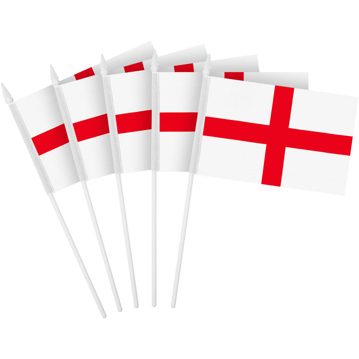 G128 30 Pack Handheld England English Stick Flags | 4x6 In | Printed 150D Polyester, Country Flag, Solid Plastic Stick, Spear White Tip