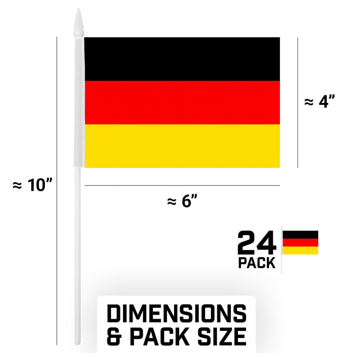 G128 24 Pack Handheld Germany German Stick Flags | 4x6 In | Printed 150D Polyester, Country Flag, Solid Plastic Stick, Spear White Tip