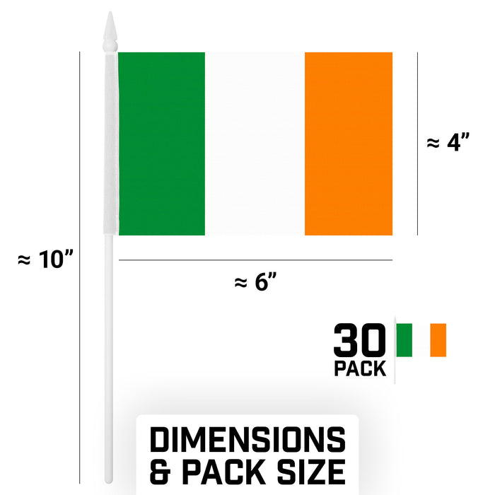 G128 30 Pack Handheld Ireland Irish Stick Flags | 4x6 In | Printed 150D Polyester, Country Flag, Solid Plastic Stick, Spear White Tip