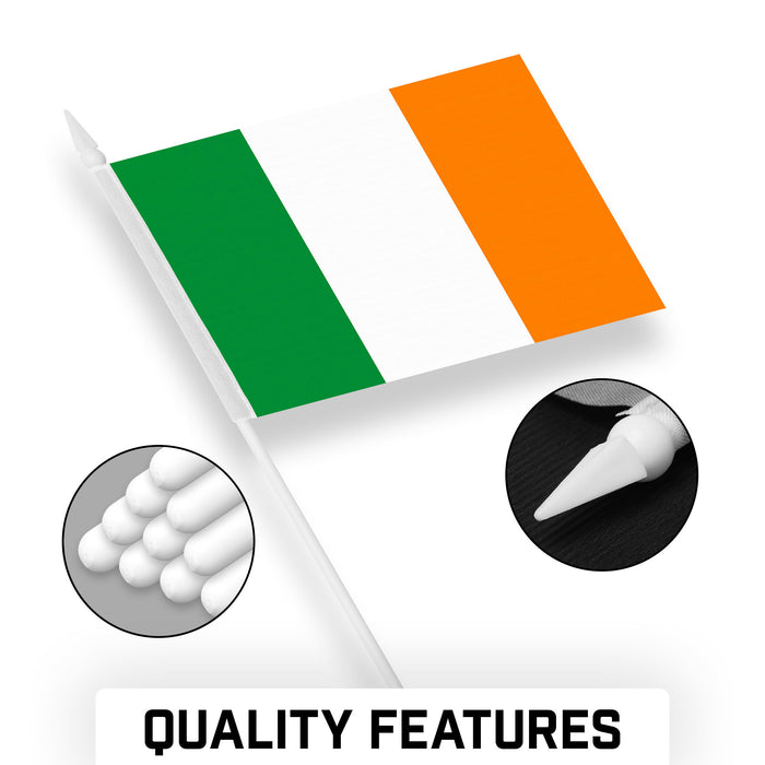 G128 10 Pack Handheld Ireland Irish Stick Flags | 4x6 In | Printed 150D Polyester, Country Flag, Solid Plastic Stick, Spear White Tip