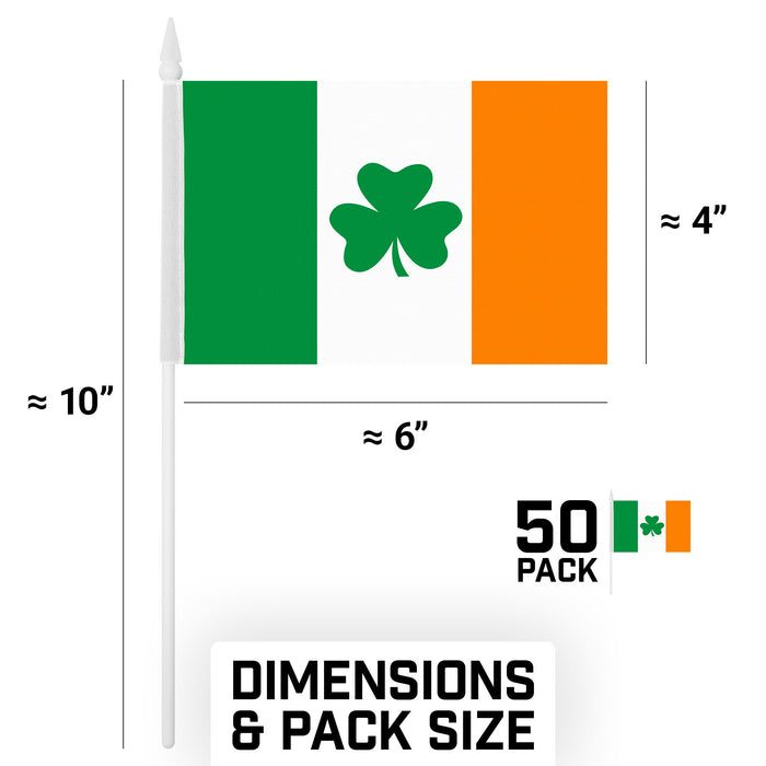 G128 50 Pack Handheld Ireland Shamrock Irish Stick Flags | 4x6 In | Printed 150D Polyester, Country Flag, Solid Plastic Stick, Spear White Tip