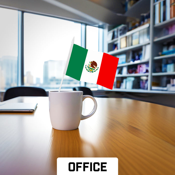 G128 50 Pack Handheld Mexico Mexican Stick Flags | 4x6 In | Printed 150D Polyester, Country Flag, Solid Plastic Stick, Spear White Tip
