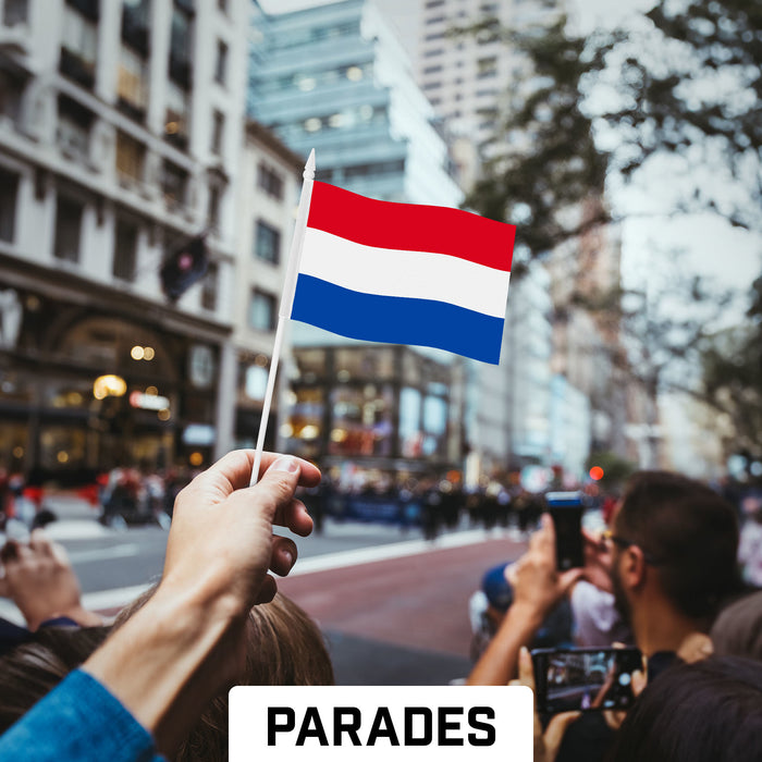 G128 30 Pack Handheld Netherlands Dutch Stick Flags | 4x6 In | Printed 150D Polyester, Country Flag, Solid Plastic Stick, Spear White Tip