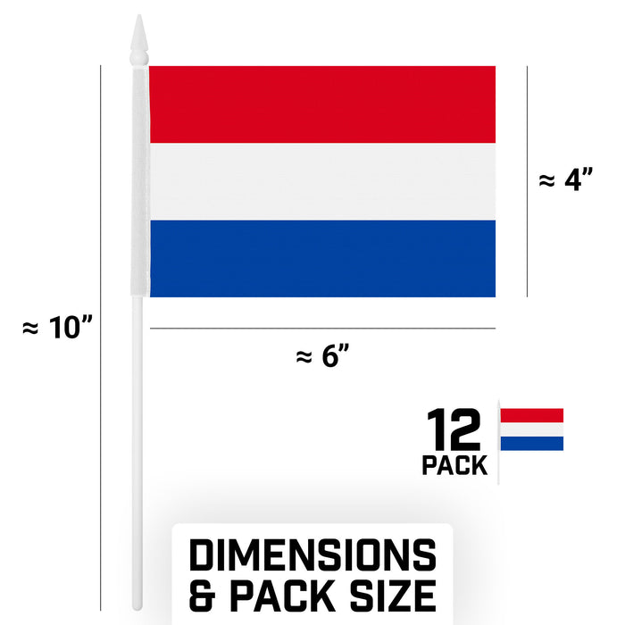 G128 10 Pack Handheld Netherlands Dutch Stick Flags | 4x6 In | Printed 150D Polyester, Country Flag, Solid Plastic Stick, Spear White Tip