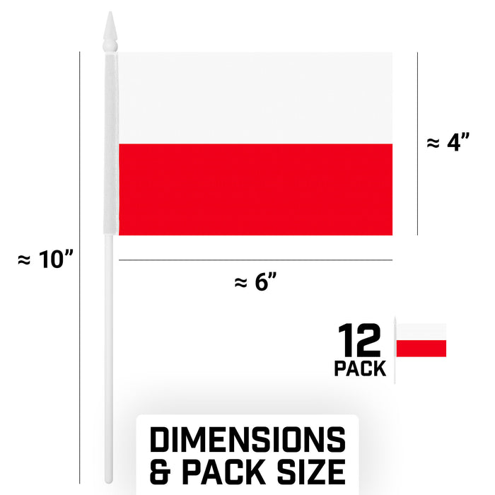 G128 12 Pack Handheld Poland Polish Stick Flags | 4x6 In | Printed 150D Polyester, Country Flag, Solid Plastic Stick, Spear White Tip