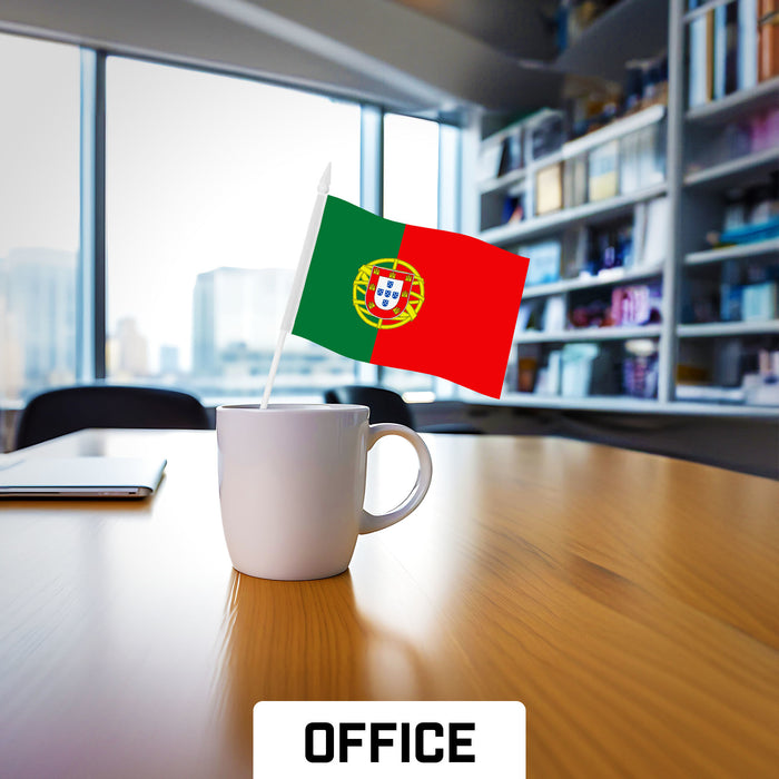 G128 10 Pack Handheld Portugal Portuguese Stick Flags | 4x6 In | Printed 150D Polyester, Country Flag, Solid Plastic Stick, Spear White Tip