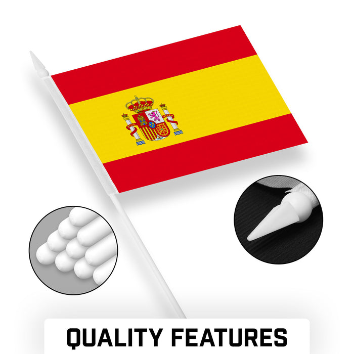 G128 12 Pack Handheld Spain Spanish Stick Flags | 4x6 In | Printed 150D Polyester, Country Flag, Solid Plastic Stick, Spear White Tip