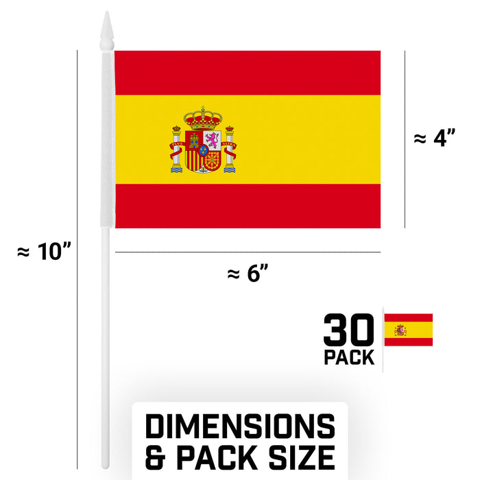 G128 30 Pack Handheld Spain Spanish Stick Flags | 4x6 In | Printed 150D Polyester, Country Flag, Solid Plastic Stick, Spear White Tip