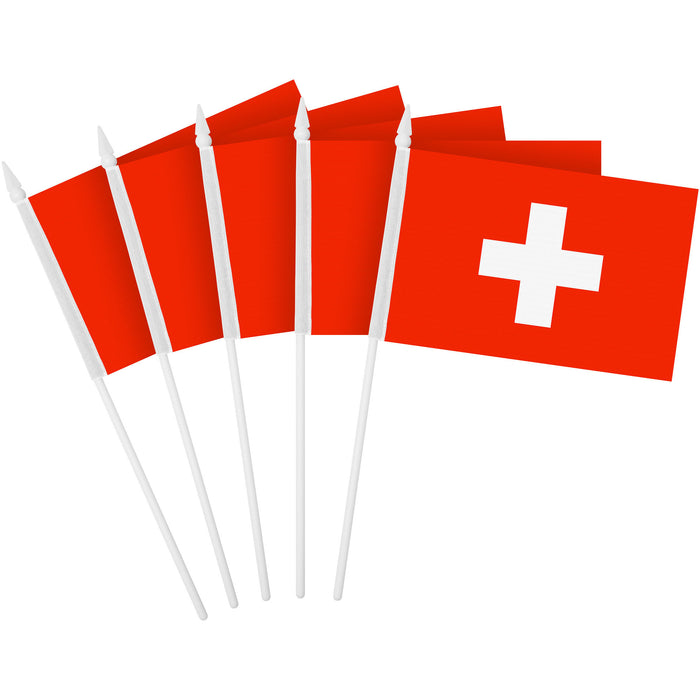 G128 30 Pack Handheld Switzerland Swiss Stick Flags | 4x6 In | Printed 150D Polyester, Country Flag, Solid Plastic Stick, Spear White Tip