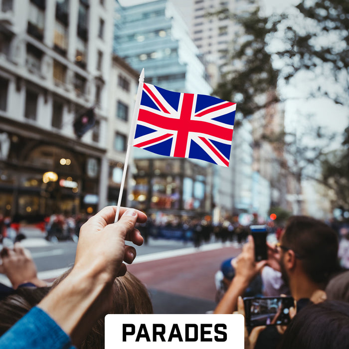 G128 10 Pack Handheld United Kingdom UK Stick Flags | 4x6 In | Printed 150D Polyester, Country Flag, Solid Plastic Stick, Spear White Tip
