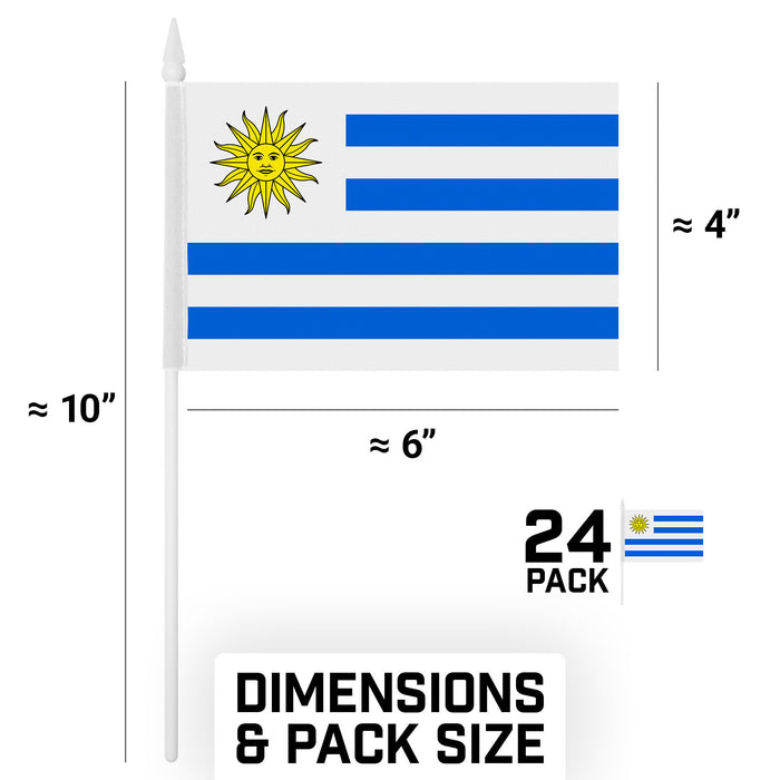 G128 24 Pack Handheld Uruguay Uruguayan Stick Flags | 4x6 In | Printed 150D Polyester, Country Flag, Solid Plastic Stick, Spear White Tip