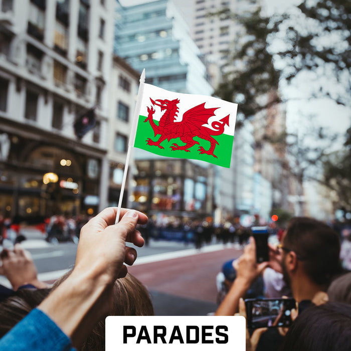 G128 10 Pack Handheld Wales Welsh Stick Flags | 4x6 In | Printed 150D Polyester, Country Flag, Solid Plastic Stick, Spear White Tip