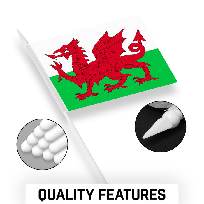 G128 10 Pack Handheld Wales Welsh Stick Flags | 4x6 In | Printed 150D Polyester, Country Flag, Solid Plastic Stick, Spear White Tip