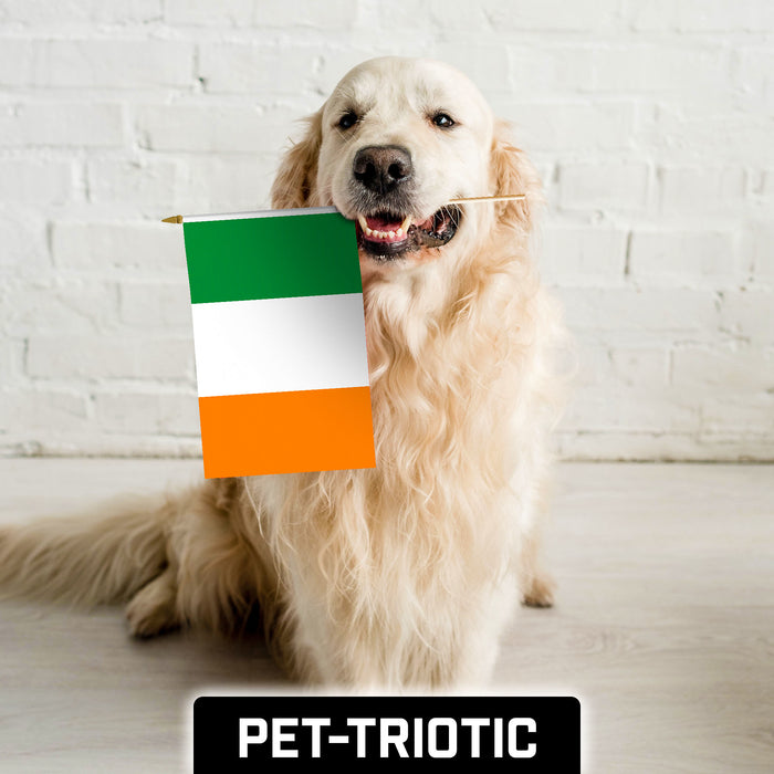 G128 10 Pack Handheld Ireland Irish Stick Flags | 12x18 In | Printed 150D Polyester, Country Flag, Solid Plastic Stick, Spear White Tip