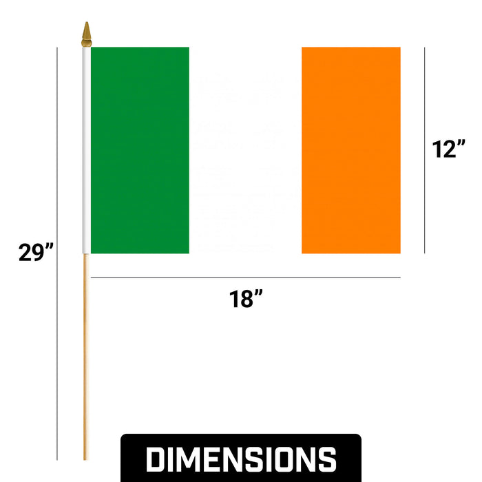 G128 24 Pack Handheld Ireland Irish Stick Flags | 12x18 In | Printed 150D Polyester, Country Flag, Solid Wooden Stick, Spear Gold Tip