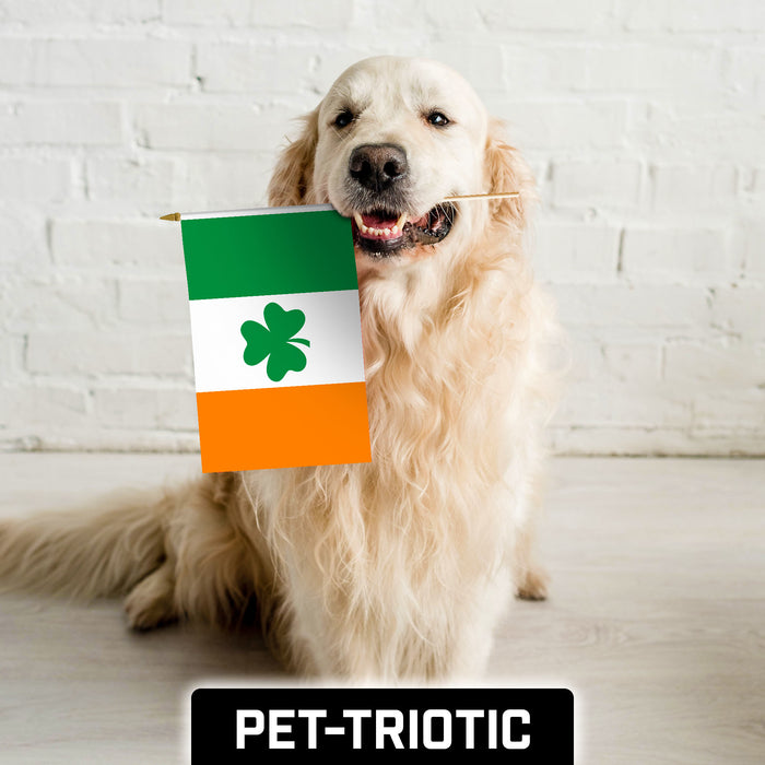 G128 10 Pack Handheld Ireland Shamrock Irish Stick Flags | 12x18 In | Printed 150D Polyester, Country Flag, Solid Plastic Stick, Spear White Tip