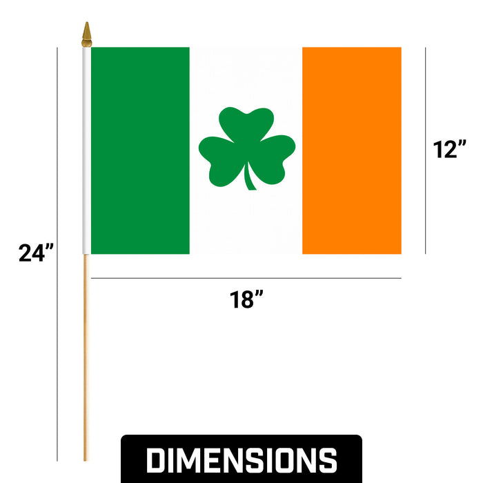 G128 10 Pack Handheld Ireland Shamrock Irish Stick Flags | 12x18 In | Printed 150D Polyester, Country Flag, Solid Plastic Stick, Spear White Tip