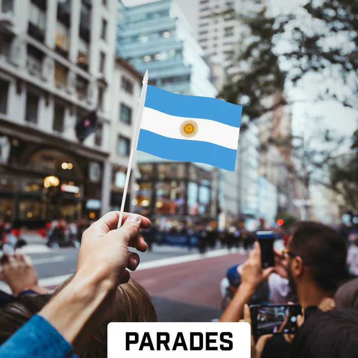 G128 50 Pack Handheld Argentina Argentinian Stick Flags | 4x6 In | Printed 150D Polyester, Country Flag, Solid Plastic Stick, Spear White Tip