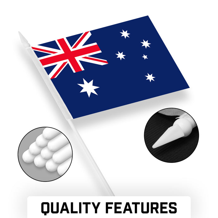 G128 24 Pack Handheld Australia Australian Stick Flags | 4x6 In | Printed 150D Polyester, Country Flag, Solid Plastic Stick, Spear White Tip