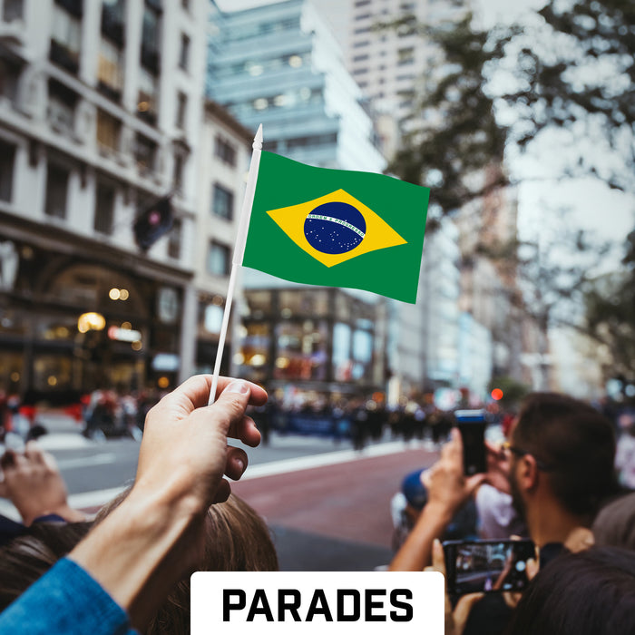 G128 30 Pack Handheld Brazil Brazilian Stick Flags | 4x6 In | Printed 150D Polyester, Country Flag, Solid Plastic Stick, Spear White Tip