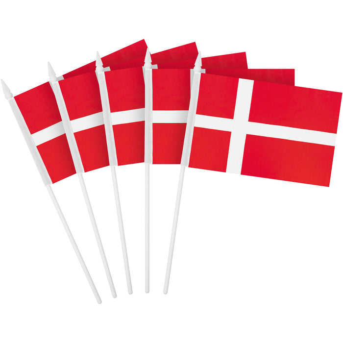 G128 50 Pack Handheld Denmark Danish Stick Flags | 4x6 In | Printed 150D Polyester, Country Flag, Solid Plastic Stick, Spear White Tip