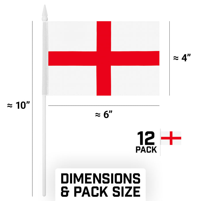 G128 10 Pack Handheld England Stick Flags | 4x6 In | Printed 150D Polyester, Country Flag, Solid Plastic Stick, Spear White Tip