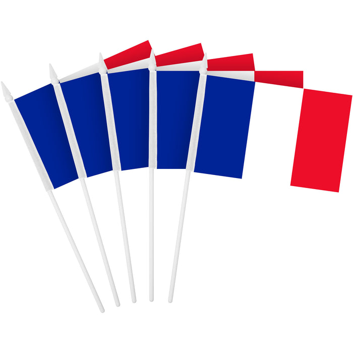 G128 24 Pack Handheld France French Stick Flags | 4x6 In | Printed 150D Polyester, Country Flag, Solid Plastic Stick, Spear White Tip