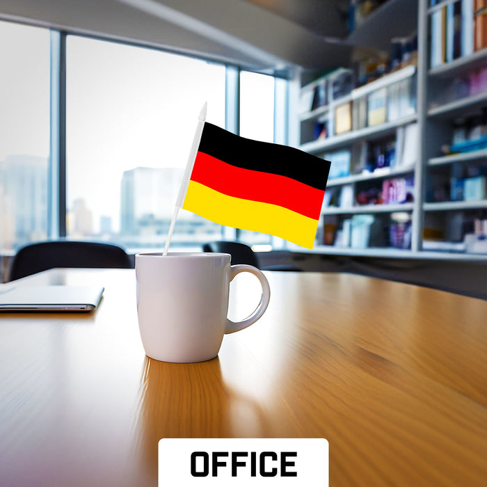 G128 10 Pack Handheld Germany German Stick Flags | 4x6 In | Printed 150D Polyester, Country Flag, Solid Plastic Stick, Spear White Tip