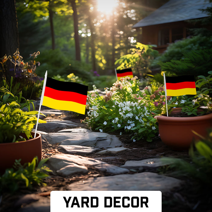G128 10 Pack Handheld Germany German Stick Flags | 4x6 In | Printed 150D Polyester, Country Flag, Solid Plastic Stick, Spear White Tip