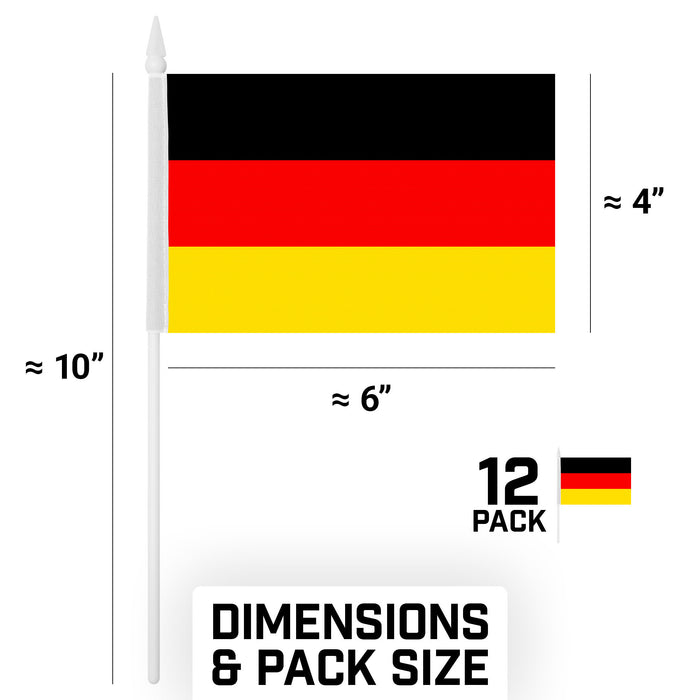 G128 10 Pack Handheld Germany German Stick Flags | 4x6 In | Printed 150D Polyester, Country Flag, Solid Plastic Stick, Spear White Tip