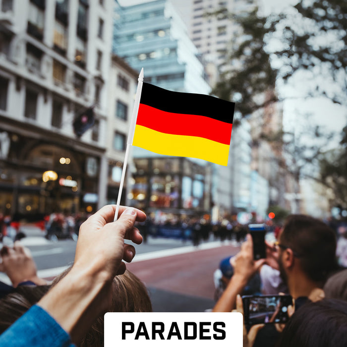 G128 10 Pack Handheld Germany German Stick Flags | 4x6 In | Printed 150D Polyester, Country Flag, Solid Plastic Stick, Spear White Tip