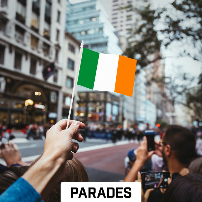 G128 10 Pack Handheld Ireland Irish Stick Flags | 4x6 In | Printed 150D Polyester, Country Flag, Solid Plastic Stick, Spear White Tip