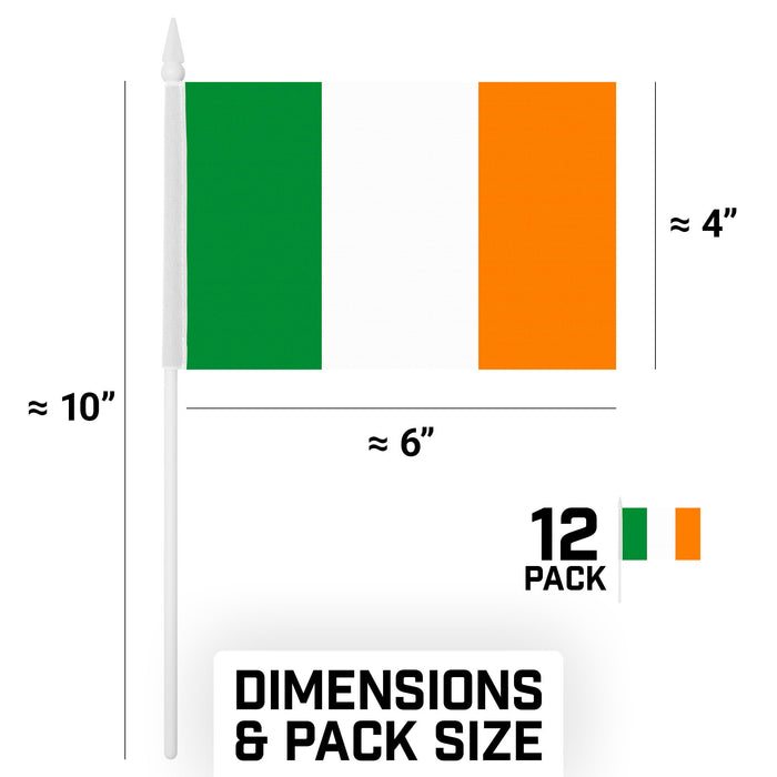 G128 10 Pack Handheld Ireland Irish Stick Flags | 4x6 In | Printed 150D Polyester, Country Flag, Solid Plastic Stick, Spear White Tip