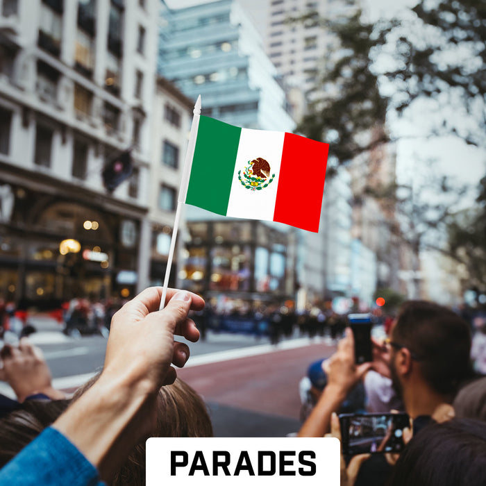 G128 50 Pack Handheld Mexico Mexican Stick Flags | 4x6 In | Printed 150D Polyester, Country Flag, Solid Plastic Stick, Spear White Tip