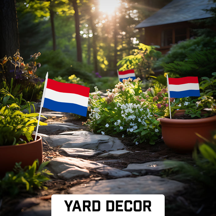 G128 10 Pack Handheld Netherlands Dutch Stick Flags | 4x6 In | Printed 150D Polyester, Country Flag, Solid Plastic Stick, Spear White Tip