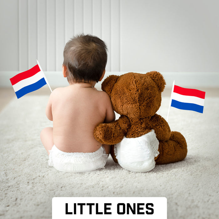 G128 30 Pack Handheld Netherlands Dutch Stick Flags | 4x6 In | Printed 150D Polyester, Country Flag, Solid Plastic Stick, Spear White Tip