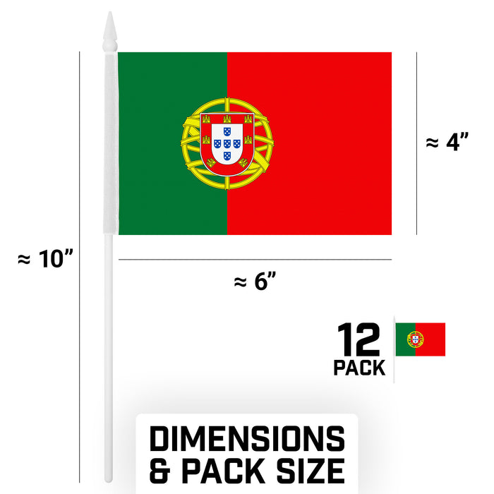 G128 10 Pack Handheld Portugal Portuguese Stick Flags | 4x6 In | Printed 150D Polyester, Country Flag, Solid Plastic Stick, Spear White Tip