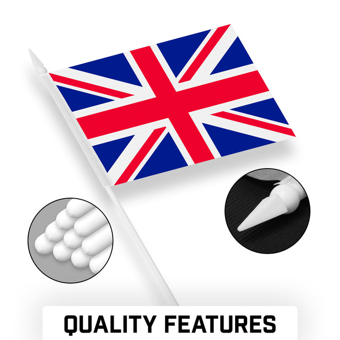G128 10 Pack Handheld United Kingdom UK Stick Flags | 4x6 In | Printed 150D Polyester, Country Flag, Solid Plastic Stick, Spear White Tip
