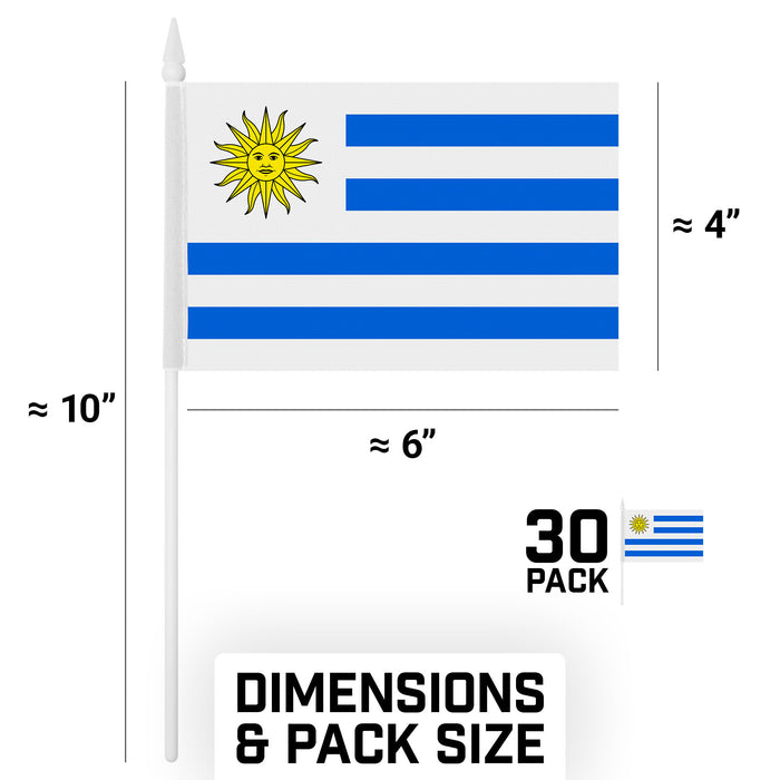 G128 30 Pack Handheld Uruguay Uruguayan Stick Flags | 4x6 In | Printed 150D Polyester, Country Flag, Solid Plastic Stick, Spear White Tip