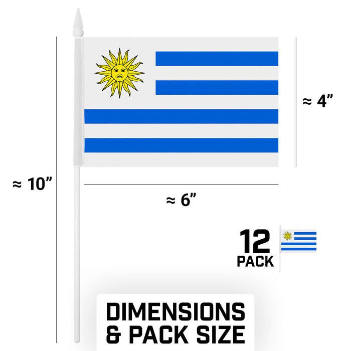 G128 10 Pack Handheld Uruguay Stick Flags | 4x6 In | Printed 150D Polyester, Country Flag, Solid Plastic Stick, Spear White Tip