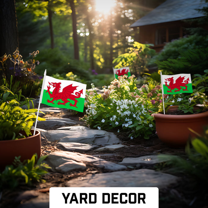 G128 12 Pack Handheld Wales Welsh Stick Flags | 4x6 In | Printed 150D Polyester, Country Flag, Solid Plastic Stick, Spear White Tip