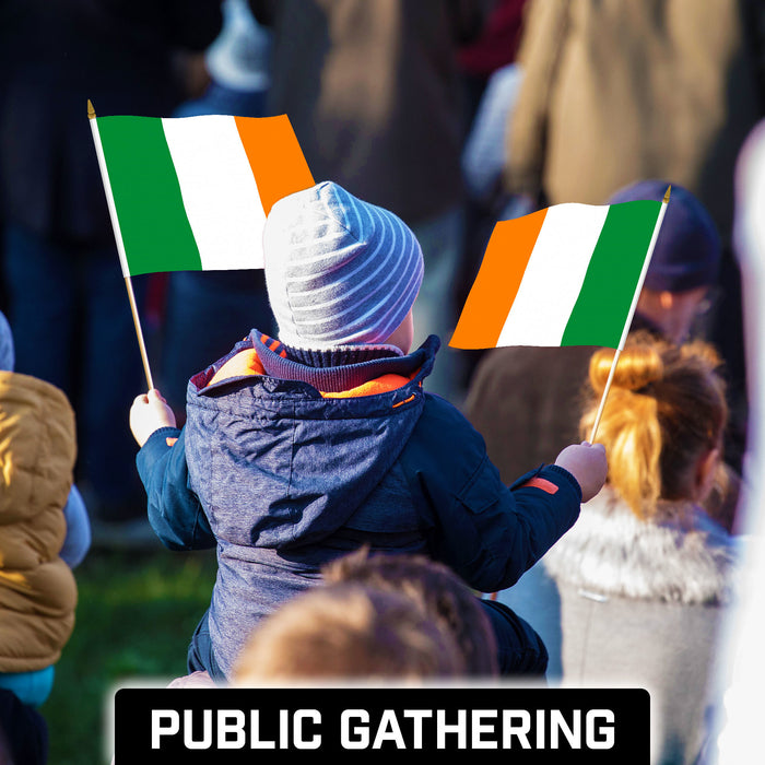 G128 10 Pack Handheld Ireland Irish Stick Flags | 12x18 In | Printed 150D Polyester, Country Flag, Solid Plastic Stick, Spear White Tip