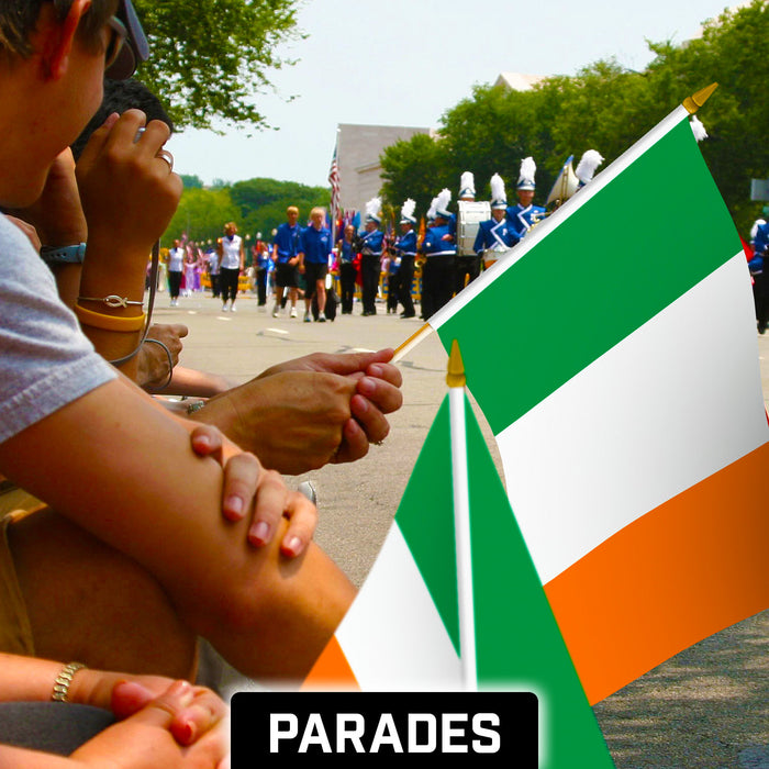 G128 50 Pack Handheld Ireland Irish Stick Flags | 12x18 In | Printed 150D Polyester, Country Flag, Solid Wooden Stick, Spear Gold Tip