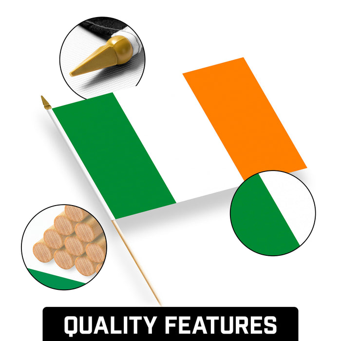 G128 30 Pack Handheld Ireland Irish Stick Flags | 12x18 In | Printed 150D Polyester, Country Flag, Solid Wooden Stick, Spear Gold Tip