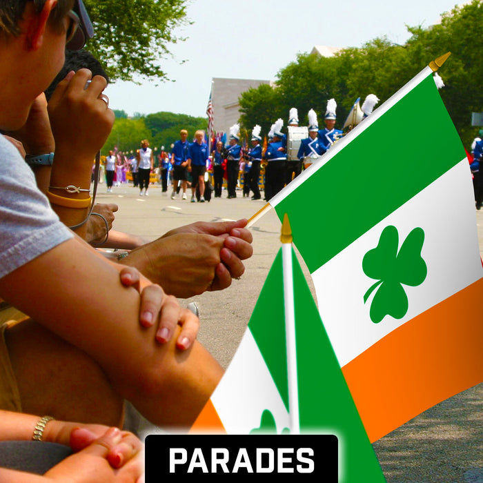 G128 10 Pack Handheld Ireland Shamrock Irish Stick Flags | 12x18 In | Printed 150D Polyester, Country Flag, Solid Plastic Stick, Spear White Tip