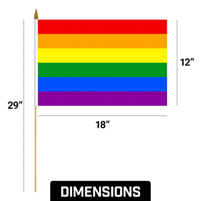 G128 12 Pack Handheld LGBT Rainbow Pride Stick Flags | 12x18 In | Printed 150D Polyester, Country Flag, Solid Wooden Stick, Spear Gold Tip