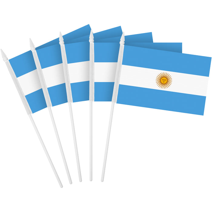G128 24 Pack Handheld Argentina Argentinian Stick Flags | 4x6 In | Printed 150D Polyester, Country Flag, Solid Plastic Stick, Spear White Tip
