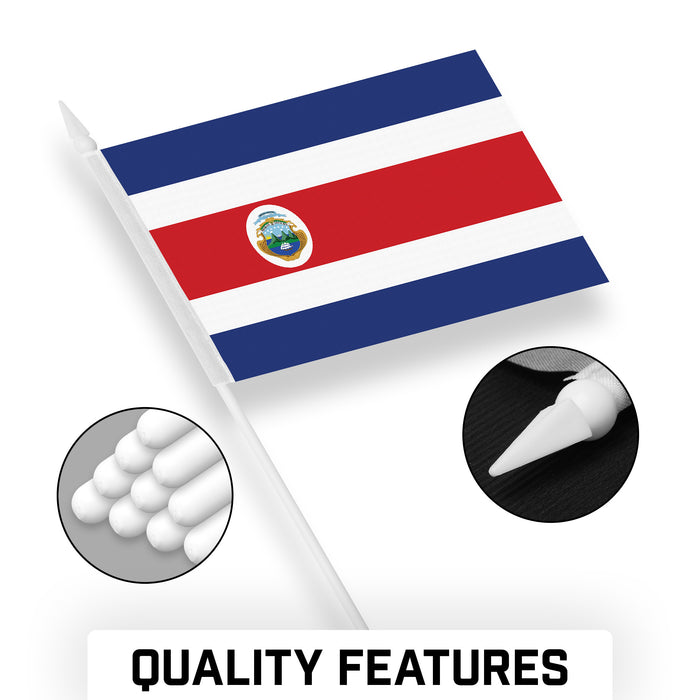 G128 10 Pack Handheld Costa Rica Costa Rican Stick Flags | 4x6 In | Printed 150D Polyester, Country Flag, Solid Plastic Stick, Spear White Tip