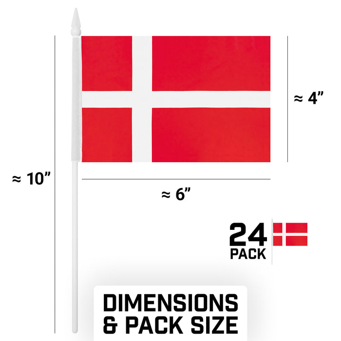G128 24 Pack Handheld Denmark Danish Stick Flags | 4x6 In | Printed 150D Polyester, Country Flag, Solid Plastic Stick, Spear White Tip