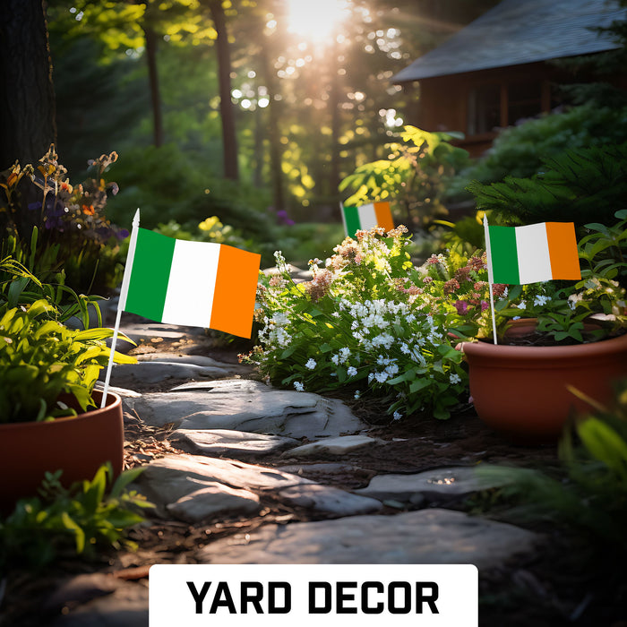 G128 10 Pack Handheld Ireland Irish Stick Flags | 4x6 In | Printed 150D Polyester, Country Flag, Solid Plastic Stick, Spear White Tip